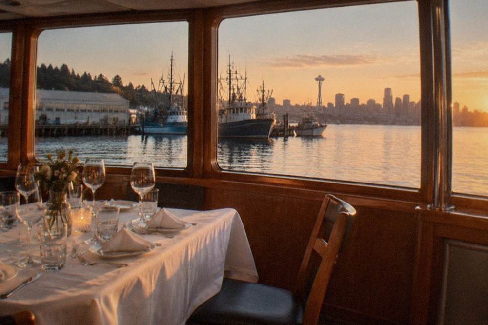 A set dinner table with glassware and folded napkins inside a boat salon, with windows overlooking a lake at golden hour