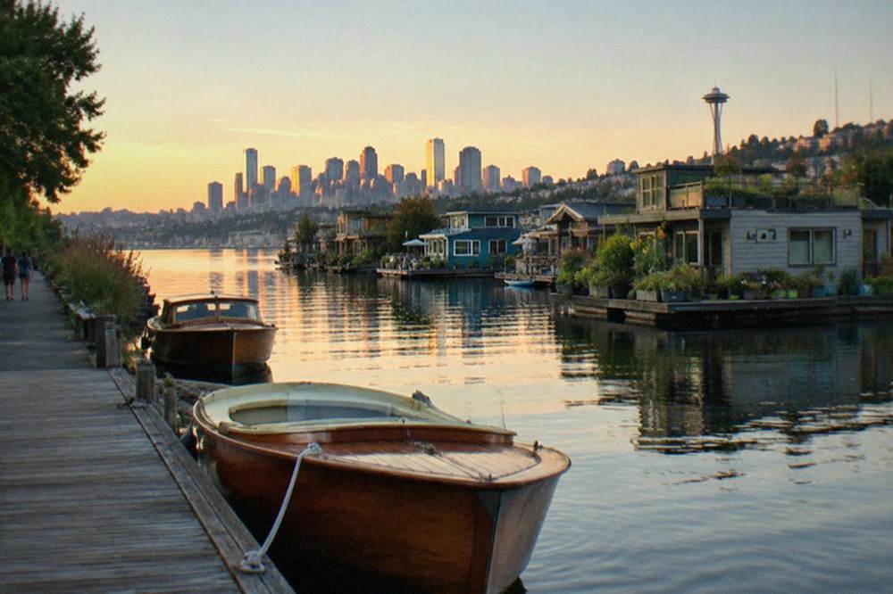 Wooden boats moored on Lake Union with floating homes and the downtown skyline beyond