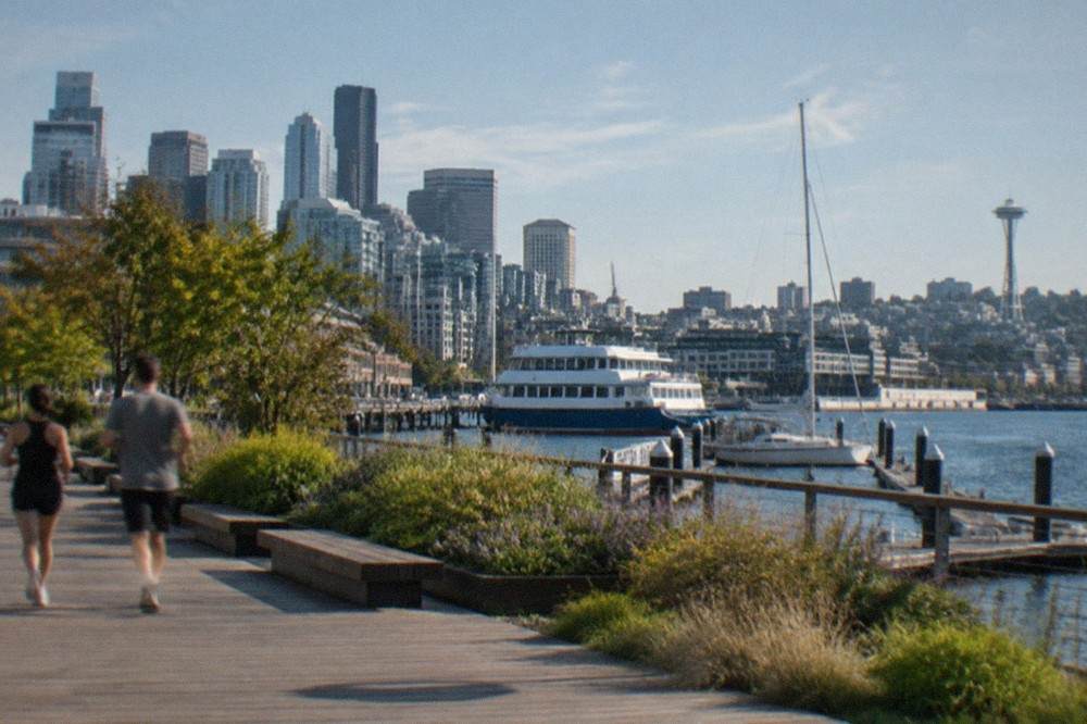 Wide view of the Seattle waterfront park promenade with the skyline behind and moored vessels along the piers
