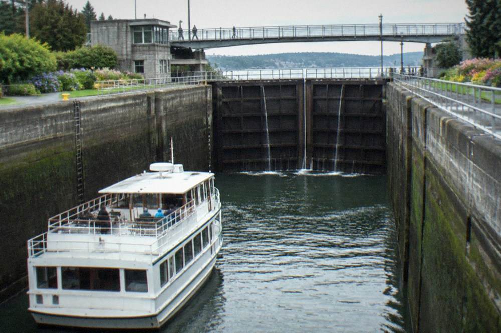 A boat descending inside a concrete lock chamber with garden grounds and a bridge above