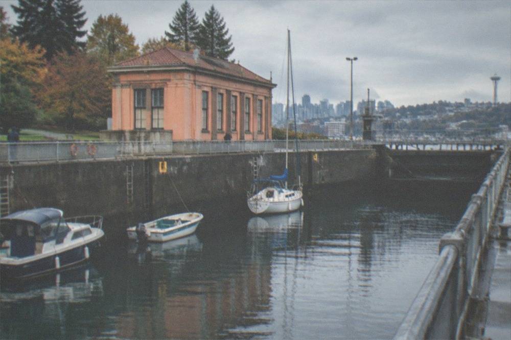 Boats tied in the Ballard Locks chamber with the fish ladder viewing building alongside