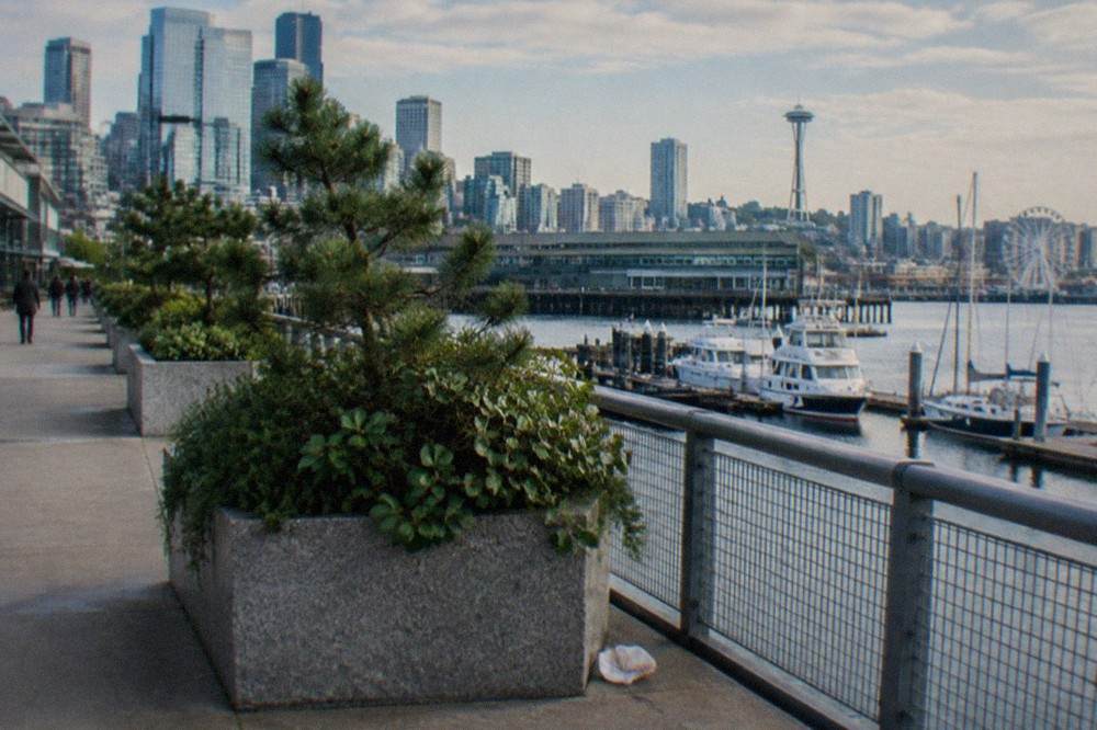 Wide view of the Seattle waterfront promenade with benches, planters and moored boats on Elliott Bay