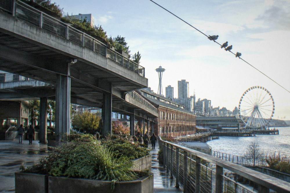 Elevated walkway and terraces of the Overlook Walk linking Pike Place Market to Elliott Bay