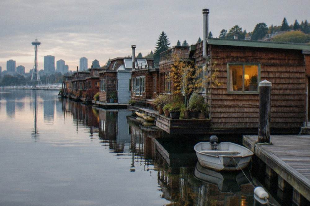 Wooden houseboats moored in a row along a calm Lake Union shoreline