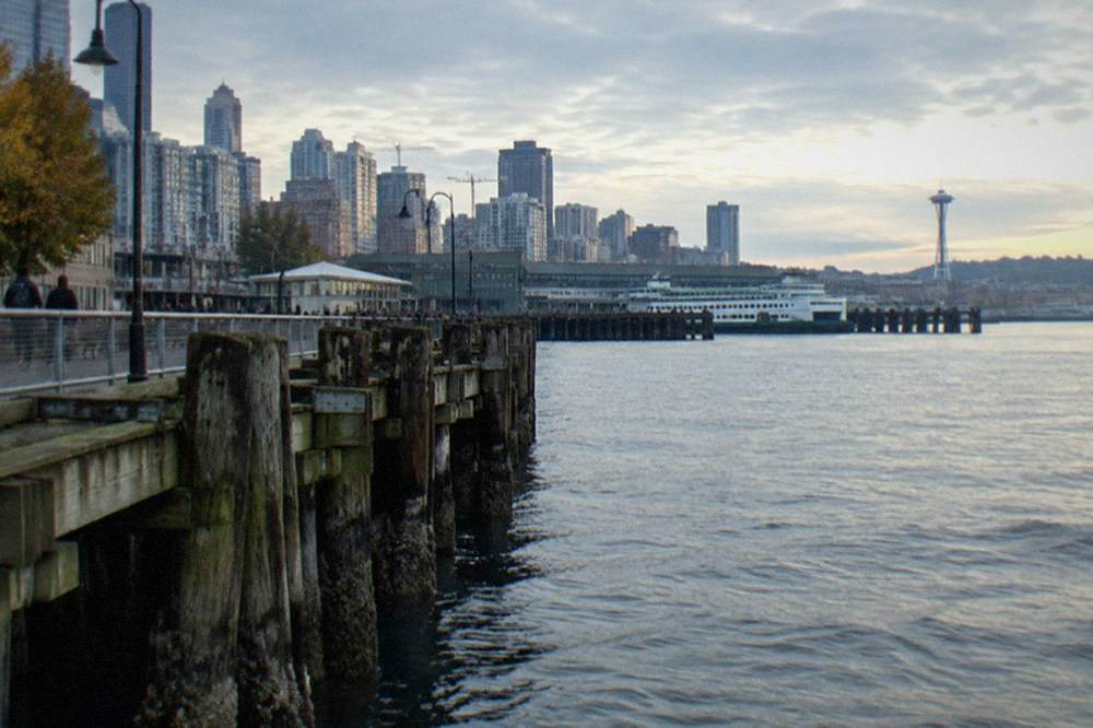 Row of wooden piers extending into Elliott Bay with ferry terminal in the background