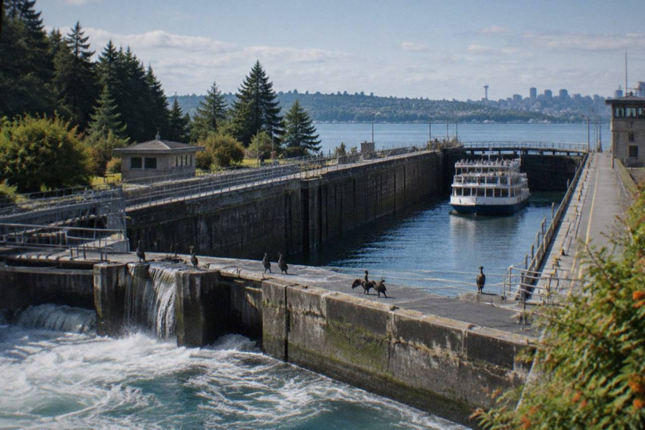 Tour boat tied in a lock chamber while the water level moves; the locks-cruise hub lays out both Argosy Cruises lock trips, each rated 4.8 and about two hours long, starting at $56 and $63.28 per person with free cancellation.